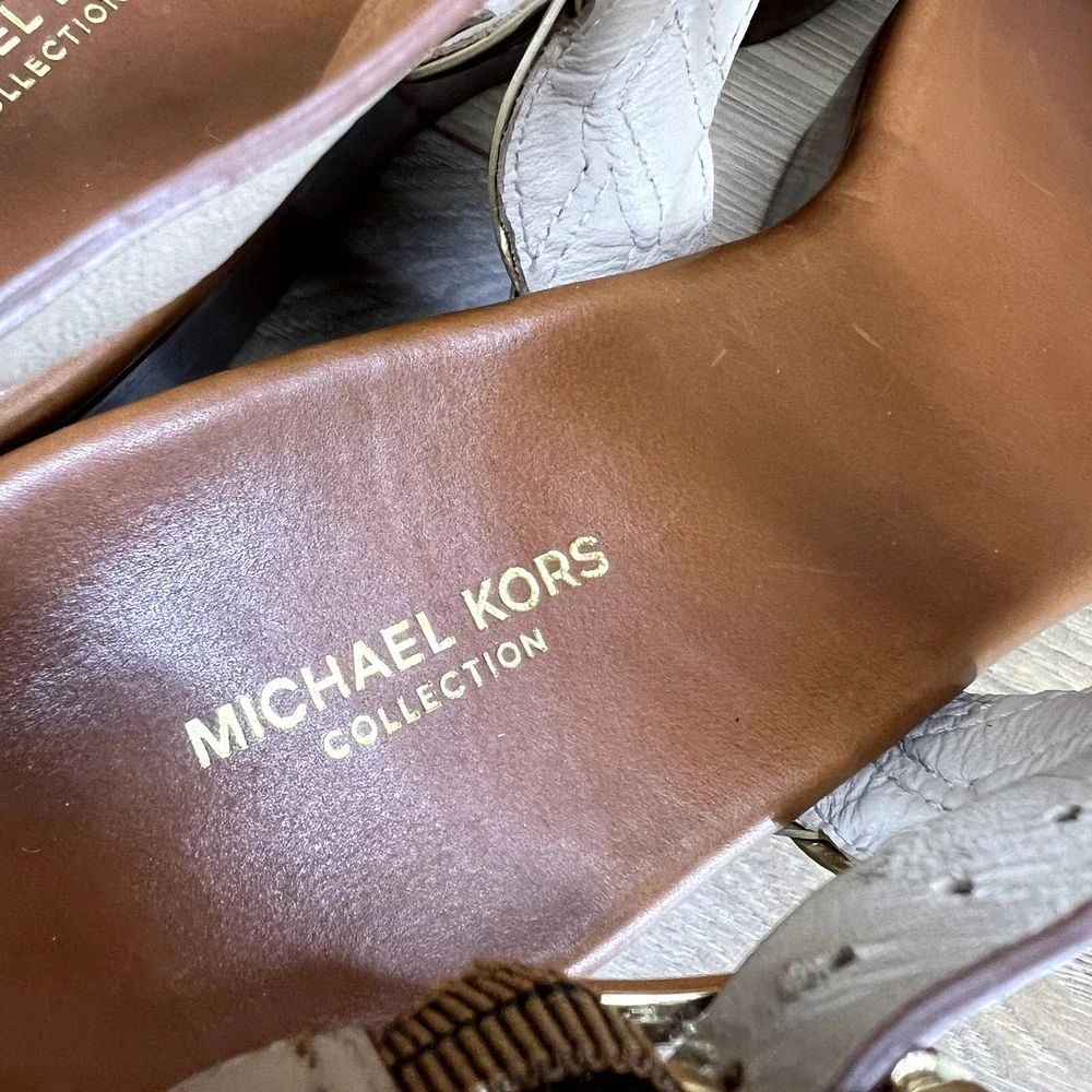 Michael Kors Collection 38 8 Luggage Tan Leather Braided Slingback Wedge
